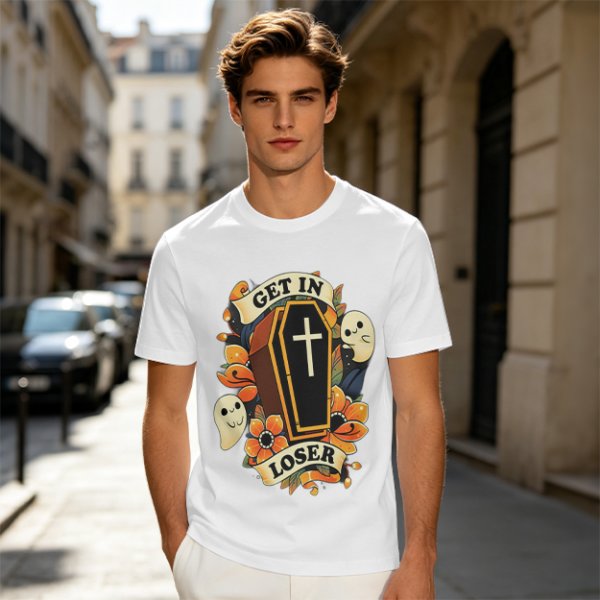 Olive Halloween T-Shirt with Get In Loser Coffin Ghost Floral Art