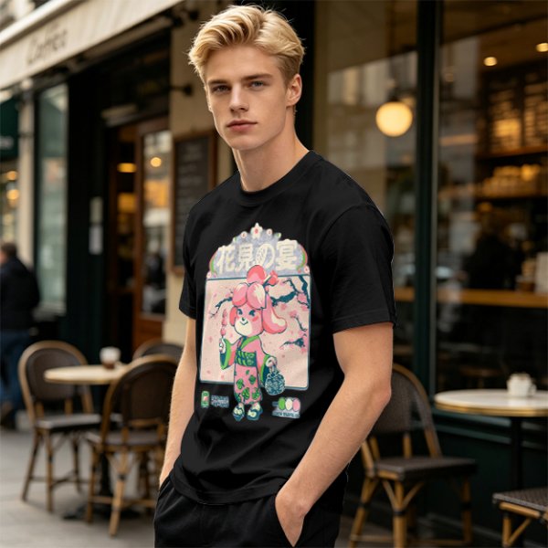 Olive green t-shirt with cherry blossom festival dog character print
