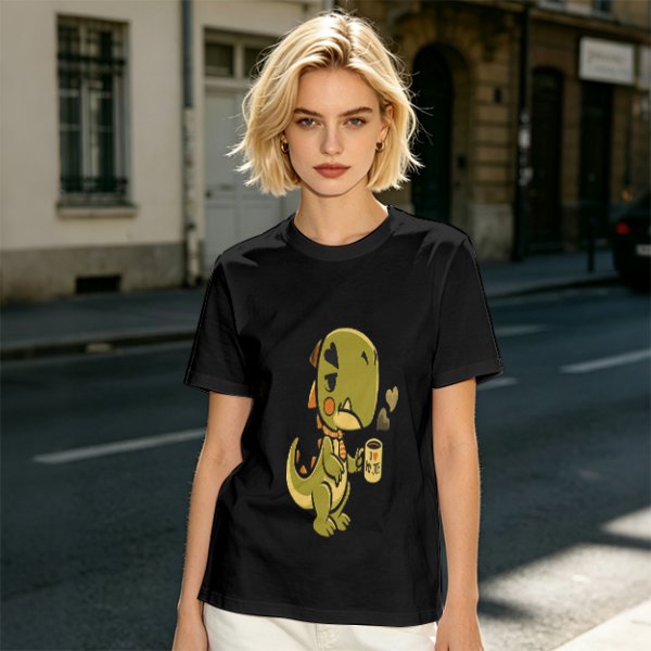 Olive T-shirt with a grumpy cartoon dinosaur holding a coffee mug