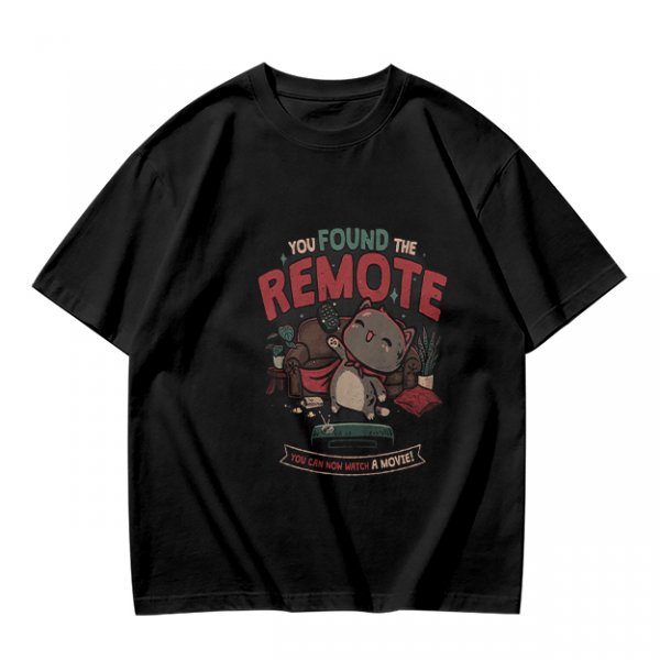 Olive t-shirt with cat graphic and 'You Found The Remote' movie text