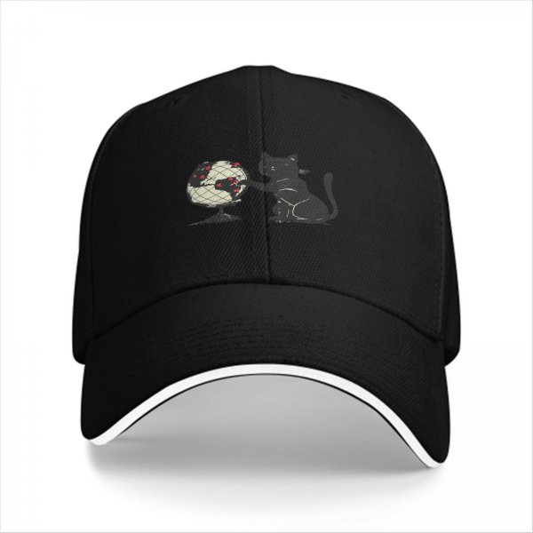 Black Baseball Cap With Cat Touching Globe Print