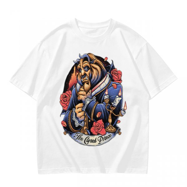 Olive T-shirt featuring The Cursed Prince Beast with roses and candelabra