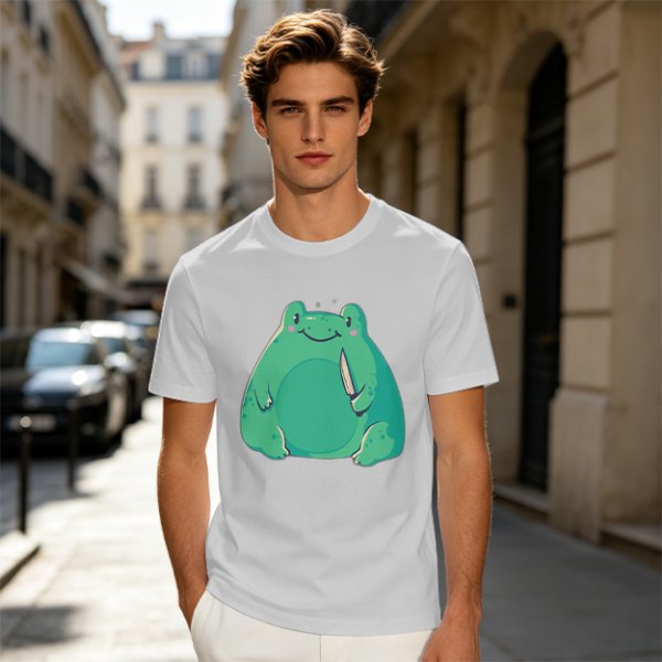 Olive Green T-Shirt With Cute Frog Holding Knife Graphic