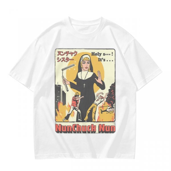 Olive T-shirt with Nunchuck Nun Action Graphic Print