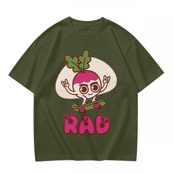 Olive T-Shirt With Rad Skating Radish Cartoon Graphic