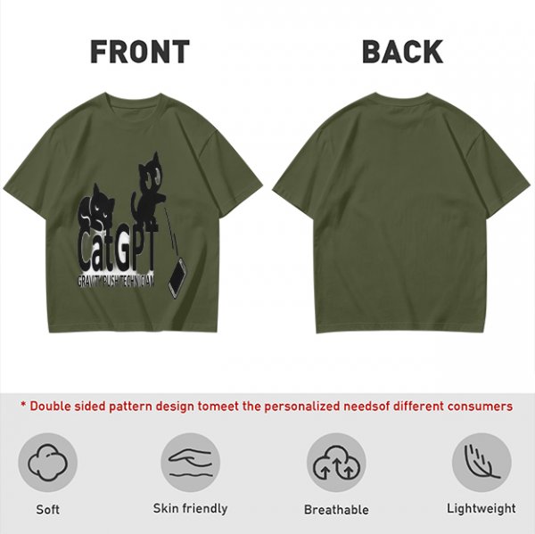 Olive green graphic t-shirt with CatGPT and mischievous cat prints
