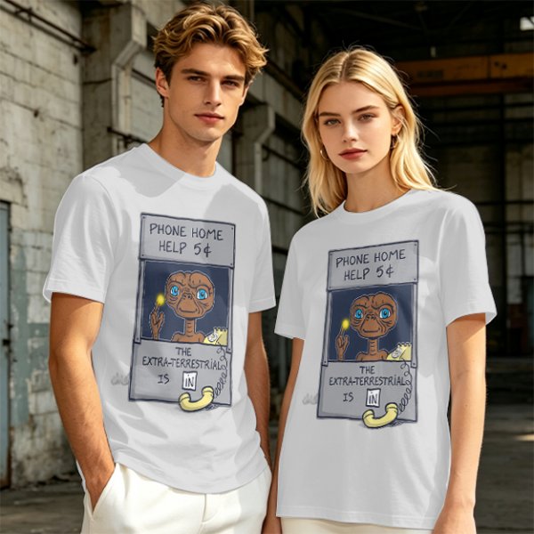 Olive green t-shirt with E.T. phone home graphic print
