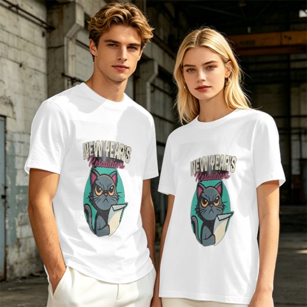 Olive green graphic t-shirt with grumpy cat holding New Year's resolutions