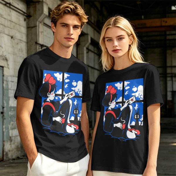 Olive t-shirt with Kiki's Delivery Service window print of girl reading letter