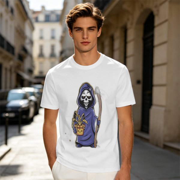 Olive T-Shirt With Cute Grim Reaper Holding Wilted Potted Plant Print