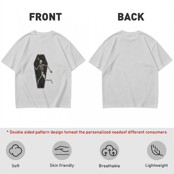Olive t-shirt with skeleton running from starry coffin graphic