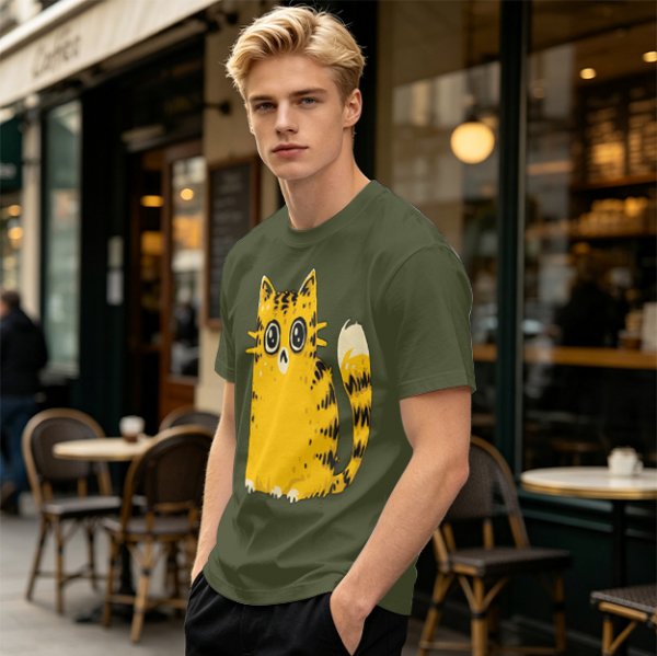Olive Green T-Shirt With Cute Surprised Yellow Tabby Cat Graphic