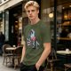Olive T-shirt with T-Rex in Christmas sweater decorating a tree