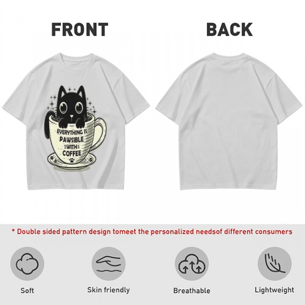 Olive T-Shirt With Black Cat In Coffee Cup 'Everything Is Pawsible With Coffee' Print