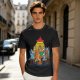 Olive green t-shirt with cartoon dogs playing poker under a hanging lamp