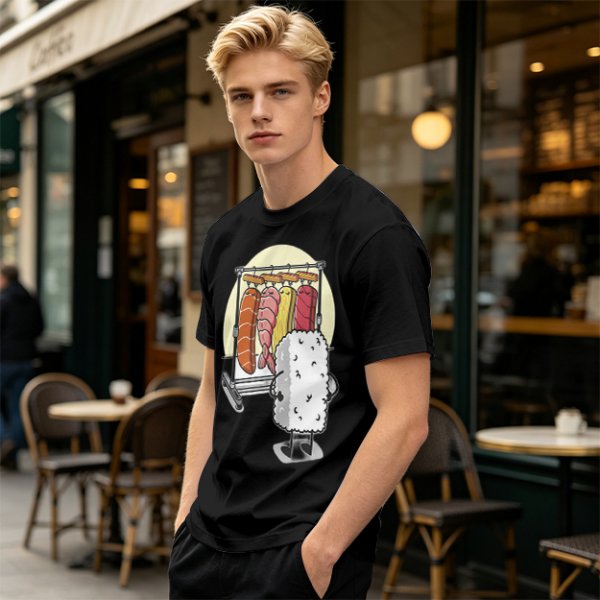Olive T-Shirt With Funny Sushi Laundry Rack Graphic