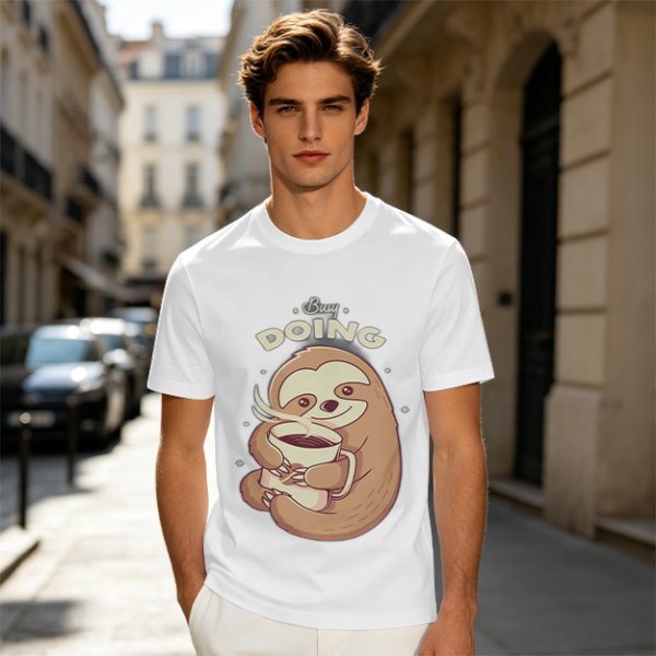 Olive green sloth t-shirt with 'Busy Doing' coffee graphic