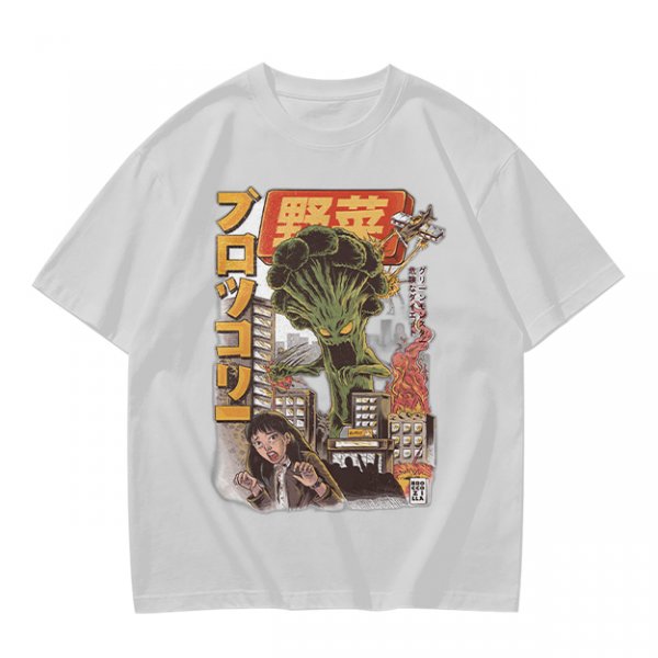 Olive T-shirt with Giant Broccoli Monster Attacking City Art