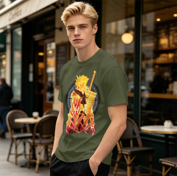 Final Fantasy VII Inspired Graphic T-Shirt with Character and Sword Art