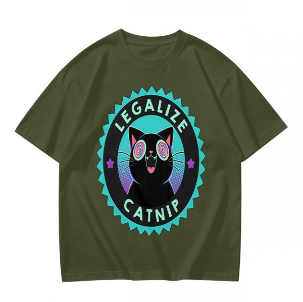 Olive T-Shirt with 'Legalize Catnip' Hypnotic Black Cat Graphic