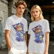 Olive green t-shirt with cartoon characters in cosplay graphic