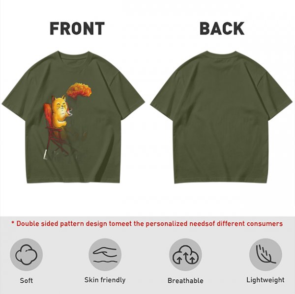 Olive T-Shirt Featuring a Relaxed Cat on a Chair with Fried Chicken Print
