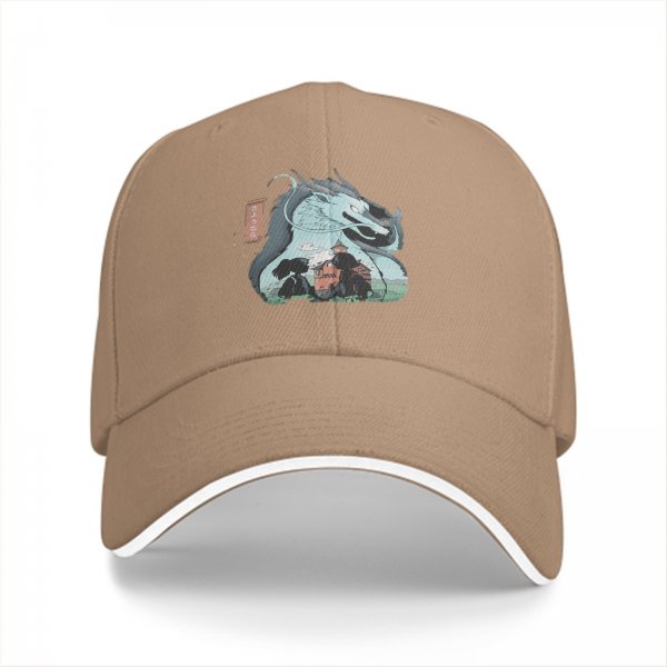 Black baseball cap with dragon and anime character graphic print