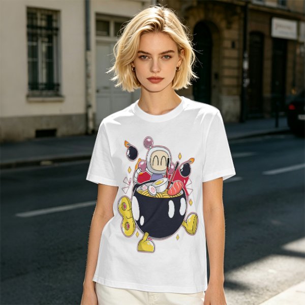 Olive T-shirt with Bomberman Character Eating Ramen Print