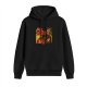 Black hoodie with four-panel illustrated character graphic