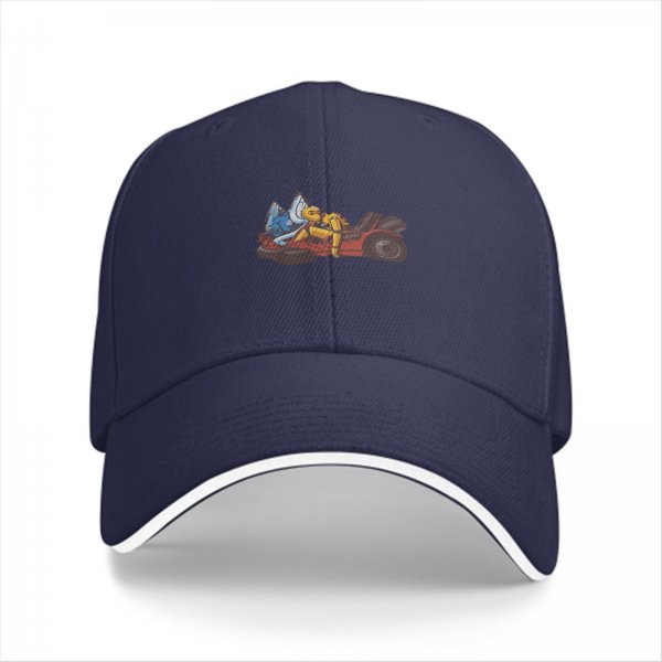 Black Baseball Cap With Cartoon Characters Driving Go-Kart Graphic