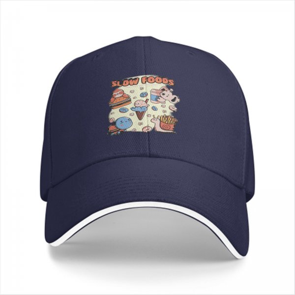 Black baseball cap with cute slow foods themed cartoon print