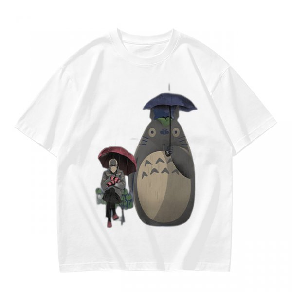 Olive T-shirt with Totoro and masked figure under umbrellas print