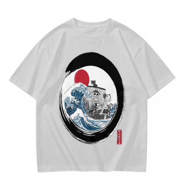Olive T-shirt with Great Wave Enso Circle and Red Sun Print
