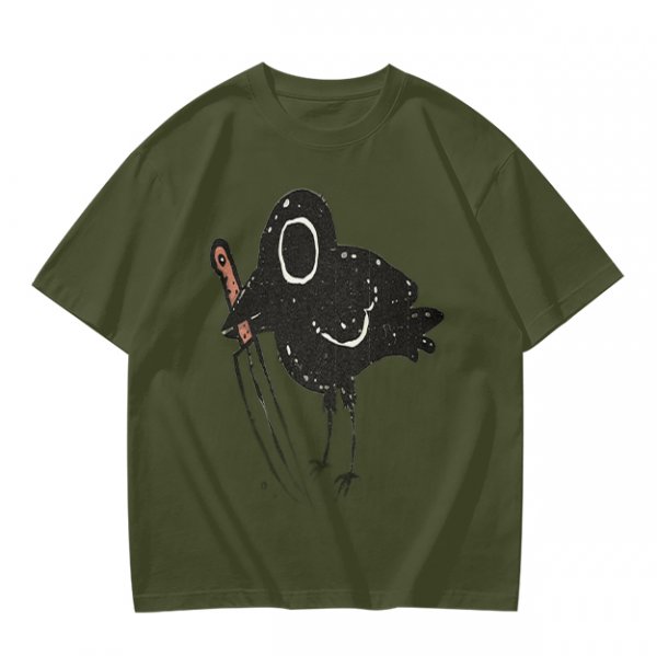Olive T-Shirt With Dark Crow Holding Knife Graphic Print