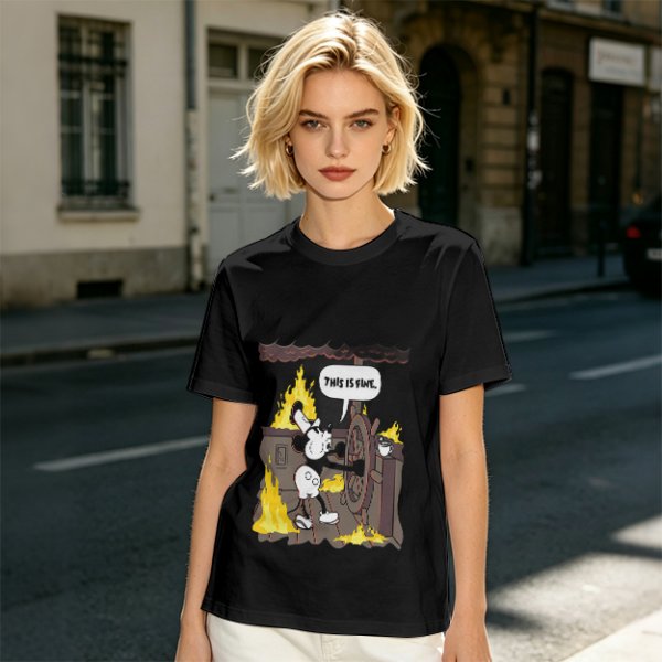 Olive T-Shirt With Steamboat Willie This Is Fine Burning Ship Art