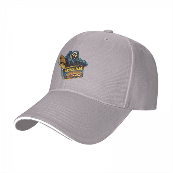 Black baseball cap with Scream Ghostface fast food themed graphic
