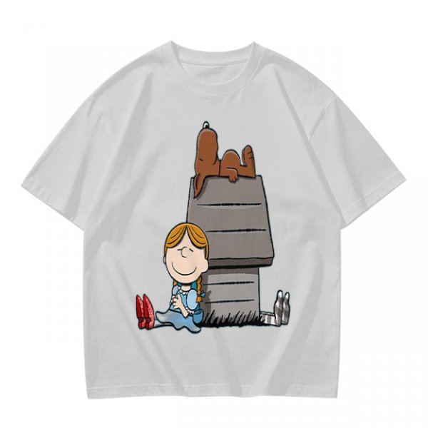 Olive T-Shirt with Peanuts Style Girl and Dog on Doghouse Print