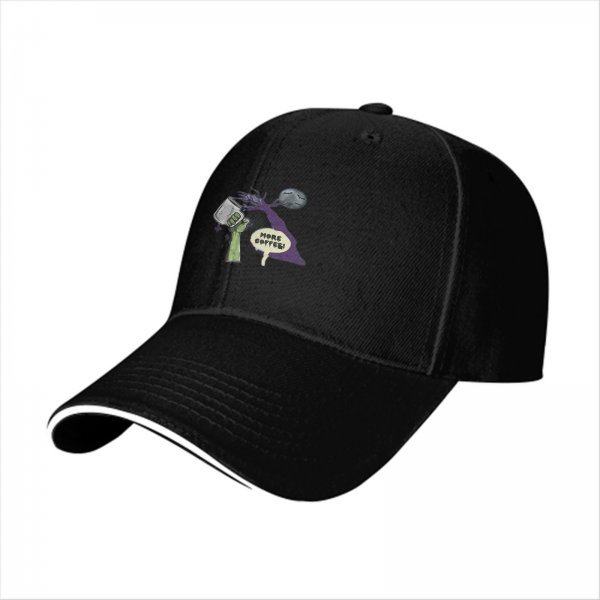 Black baseball cap with 'More Coffee!' monster graphic print