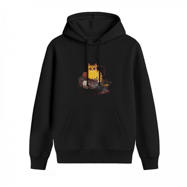 Black Hoodie With Chubby Yellow Cat And Dark Themed Graphic Print