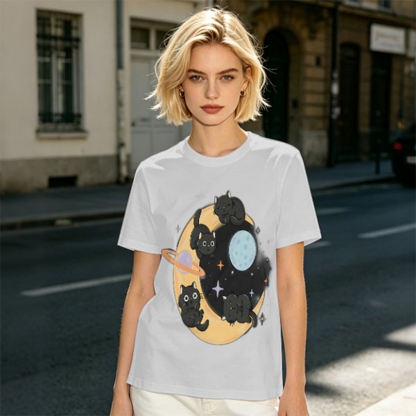 Olive T-Shirt With Black Cats On Crescent Moon Space Print