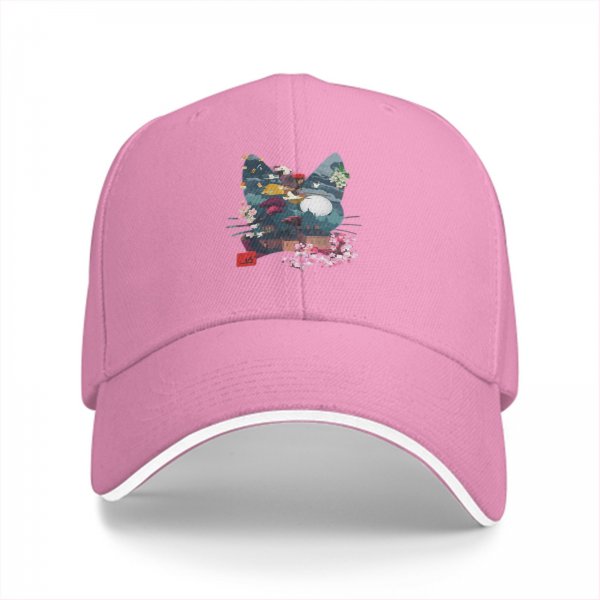 Black Baseball Cap With Cat Silhouette Cherry Blossom Landscape Art