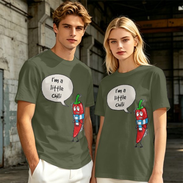 Olive green t-shirt with funny 'I'm a little chili' cartoon chili print