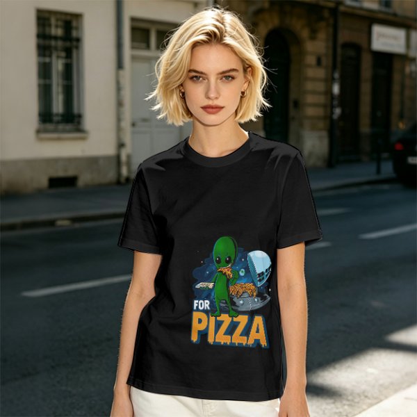 Olive Green T-Shirt with Alien Eating Pizza UFO Graphic