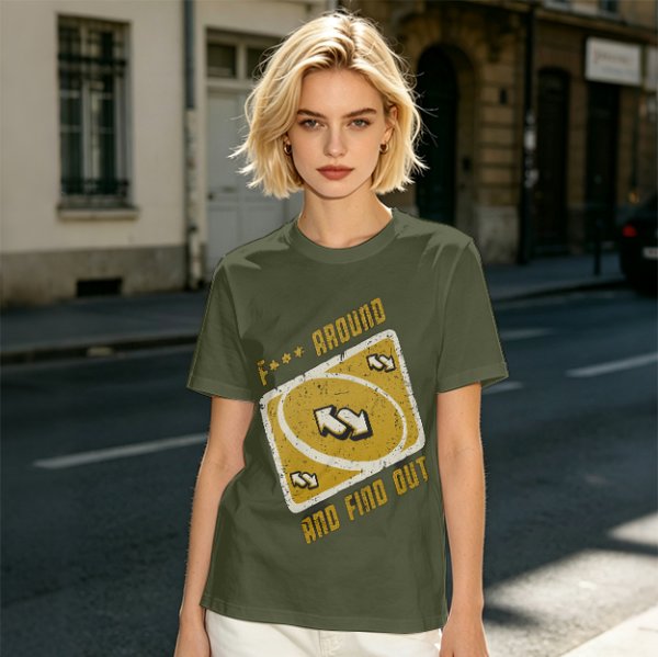 Olive Graphic Tee With 'F*** Around And Find Out' Uno Reverse Card Print