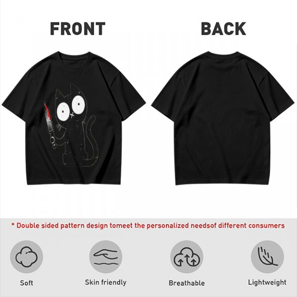 Olive T-shirt with a black cartoon cat holding a bloodied knife