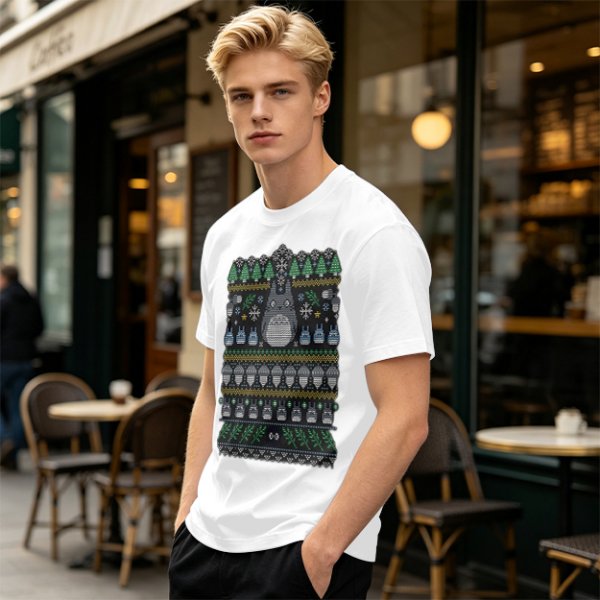 Olive T-Shirt With Totoro Ugly Christmas Sweater Style Print