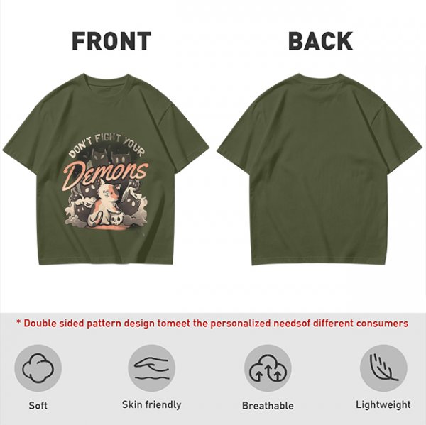 Olive graphic t-shirt with 'Don't Fight Your Demons' cat art