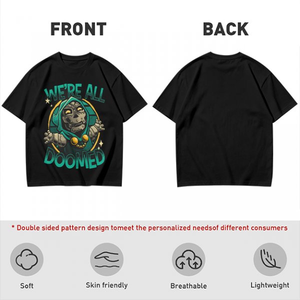 Olive T-Shirt Featuring 'We're All Doomed' and Doom Character Art