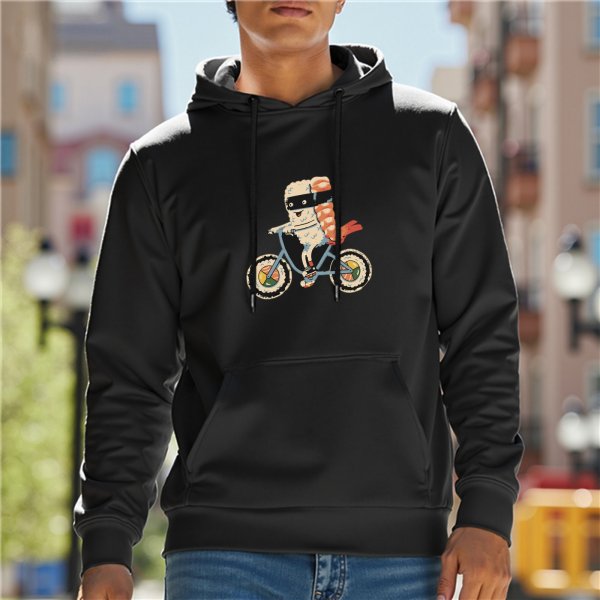 Black hoodie with sushi character riding a bicycle graphic