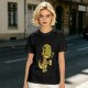 Olive T-shirt with a grumpy cartoon dinosaur holding a coffee mug